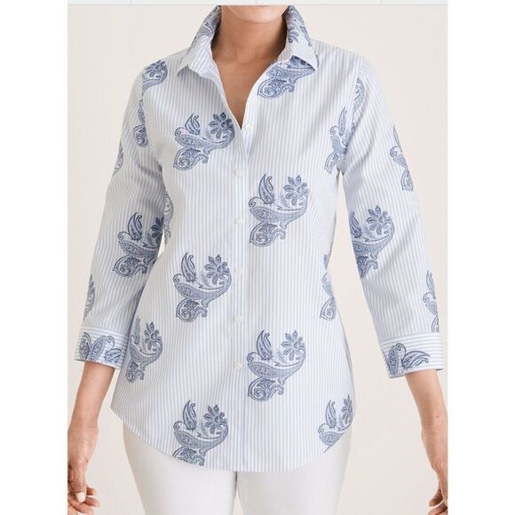 GREAT CONDITION WOMEN NO-IRON Paisley-Print Cotton Shirt bohemian BLOUSE CHICO S - Picture 2 of 14